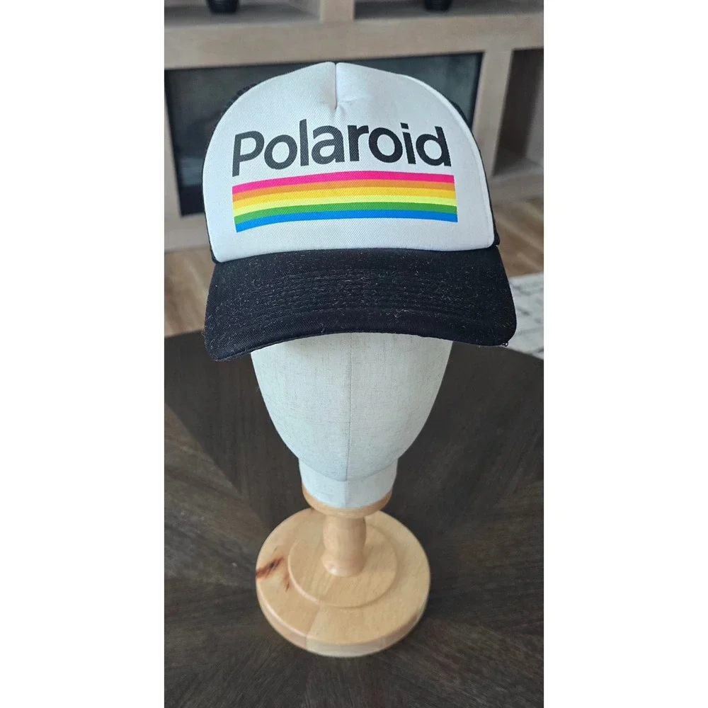 Polaroid Rainbow Logo Trucker Hat Black White Mesh Snapback Retro Baseball Cap